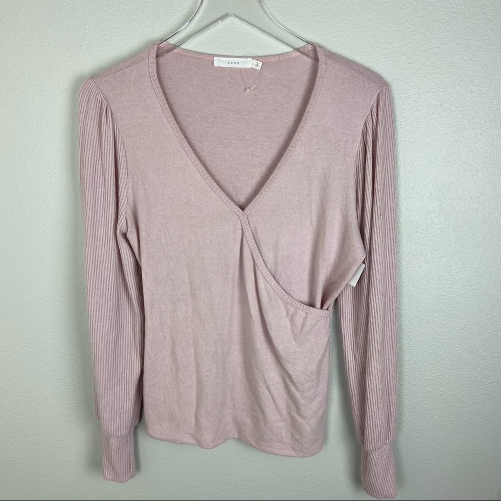 Lush | Pink V-Neck Knit Ribbed Sleeve Top